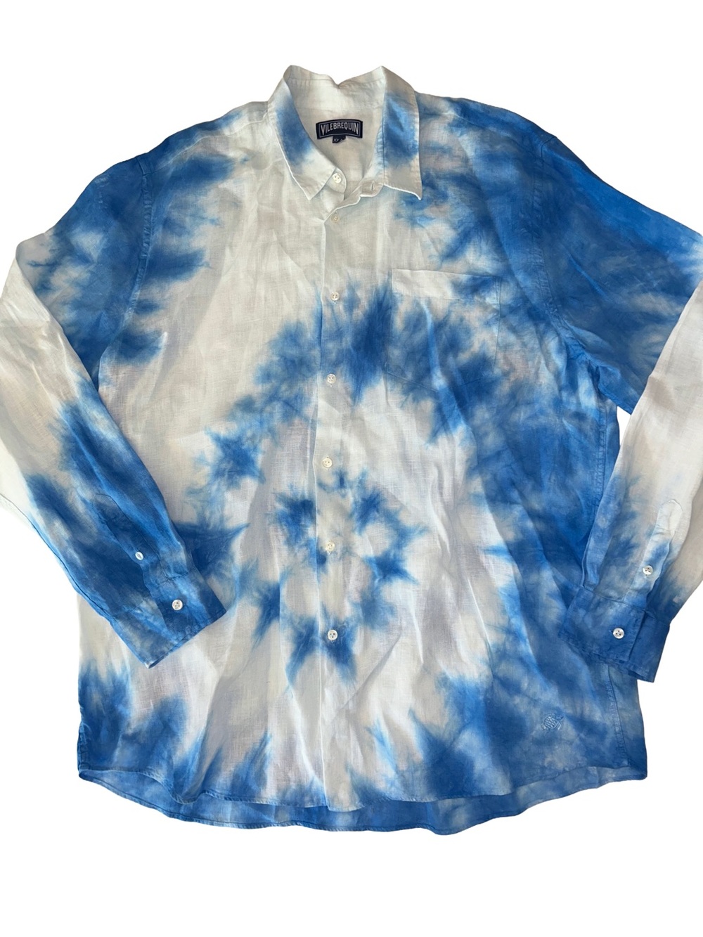 Vilebrequin Linen Shirt Blue Tie Dye Long Sleeve Turtle Mens XXXL
